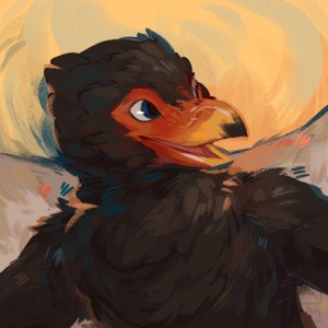 A stylised painting of the head and part of the upper body of an anthropomorphic bateleur eagle. The image is square.